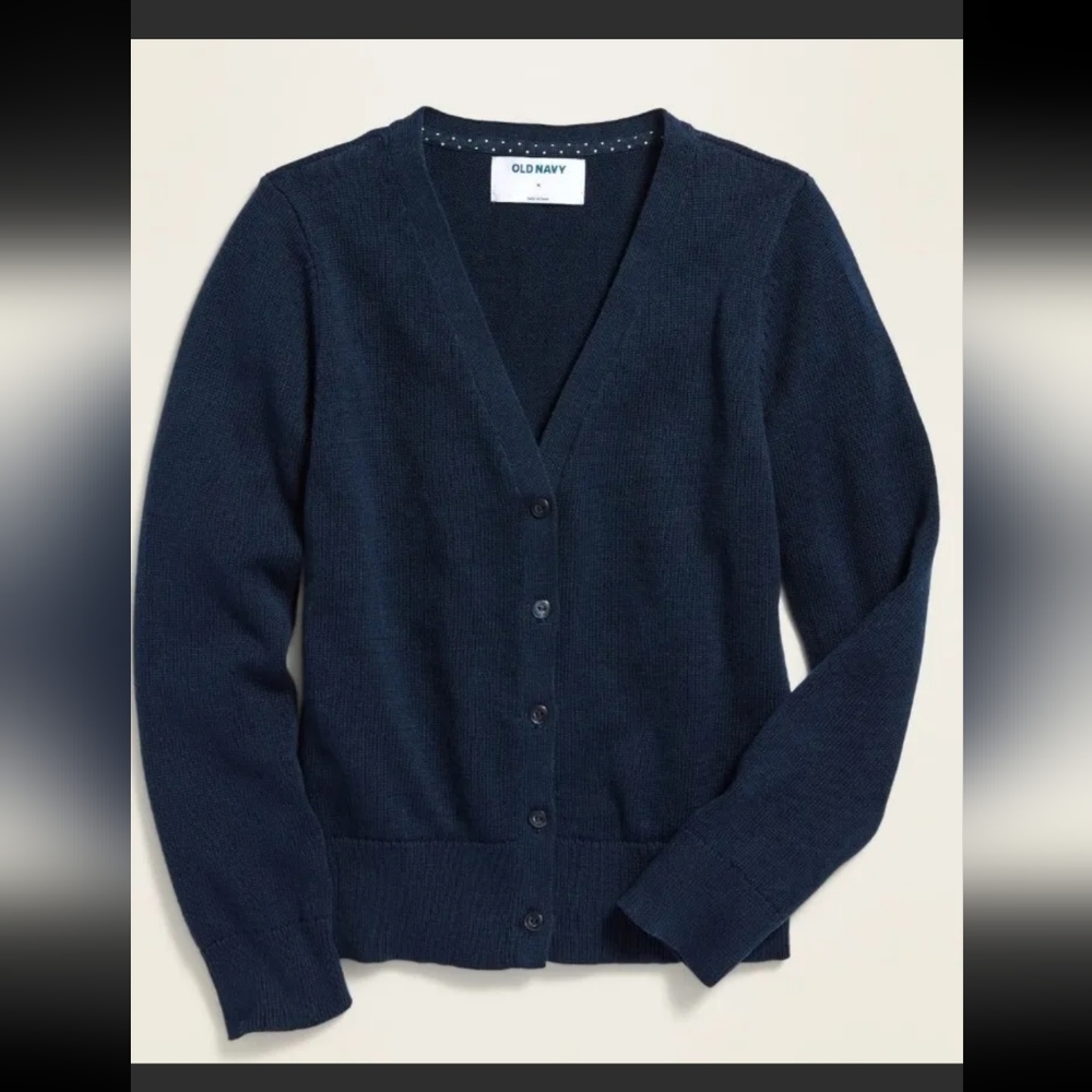 :* Old Navy Button Down GIRLS Sweater Long Sleeve Uniform Cardigan XL 14 NAVY - Picture 1 of 2